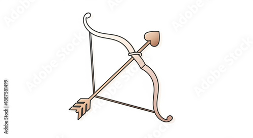 Brown bow and arrow on white background symbolizing hunting or sport with a heart shaped arrowhead