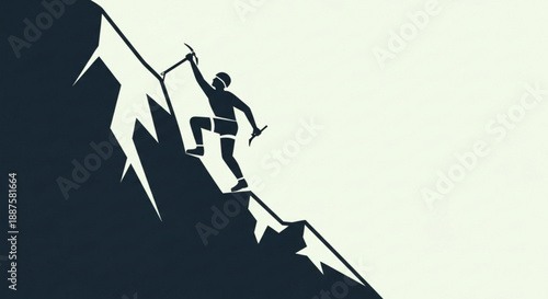 Person climbing mountain peak with pickaxe silhouette against light background adventure and challenge concept monochrome illustration steep slope