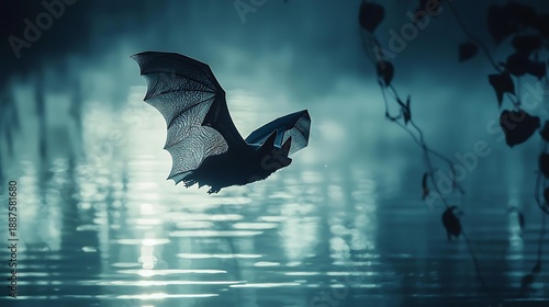 Nighttime bat captured mid flight with radiant wings in forest high resolution picture