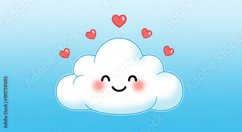 Smiling cartoon cloud with hearts on blue background symbolizing love and happiness in a whimsical illustration