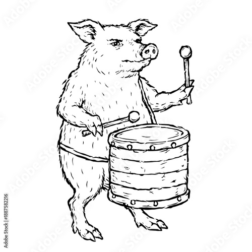 Medieval Marginalia Style Pig Playing Drum in Absurd Naive Manuscript Illustration