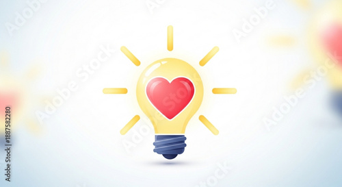 Bright yellow lightbulb with red heart inside symbolizing creative love and inspiration on white background with soft lighting