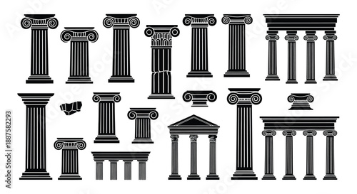 An assortment of ancient greek and roman architectural column elements