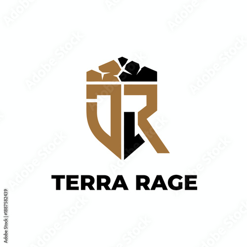 Shield emblem with rocky texture and TR initials for a competitive gaming team or tactical outdoor equipment branding named TERRA RAGE
