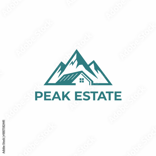 Minimalist mountain peaks with a house silhouette for real estate agency branding or property development identity named PEAK ESTATE
