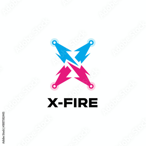Futuristic crossing lightning bolts icon for a tech startup or gaming energy drink branding with blue and pink neon glow for X-FIRE logo