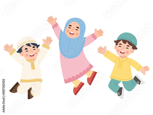 Cartoon Illustration of Muslim Children Jumping with Joy