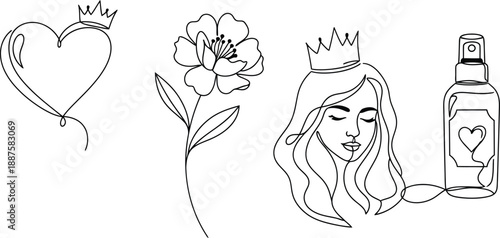 A regal illustration of a woman wearing a crown surrounded by a heart and a perfume bottle with a floral theme