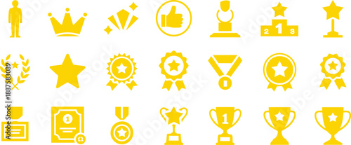 Gold Award Icon Set with Golden Trophies Medals Crowns and Winner Pedestal for Business Achievement Success Recognition and Gaming Rewards