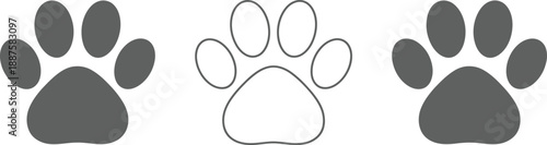 Gray Animal Paw Print Icon Set with Solid and Outline Styles for Pet Shop Branding Veterinary Care and Dog Cat Footprint Graphic Elements