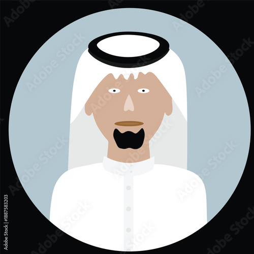 Arab man in white national dress. Arabian businessman in traditional clothes, Saudi Arabian man wearing a white robe  white headscarf.