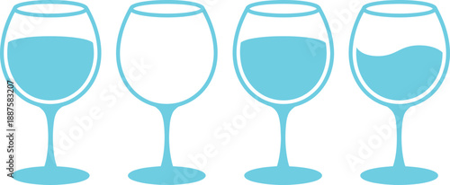 Cyan Wine Glass Icon Set with Variable Liquid Levels for Beverage Menu Drink Tracking and Alcohol Consumption Monitoring Interface Design
