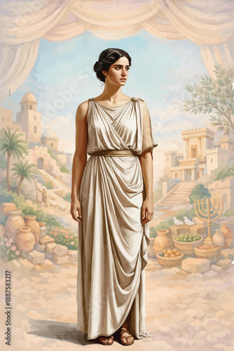 063-11-Queen esther wearing a white toga in a biblical middle eastern setting