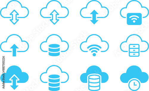 Cyan Cloud Computing Icon Set with Data Storage Upload Download and Wireless Network Symbols for Software Interface and Web Hosting Services