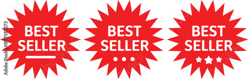 Red Best Seller Starburst Badge Set with Stars and Dots for E-commerce Product Promotion Sales Marketing and Retail Discount Labels