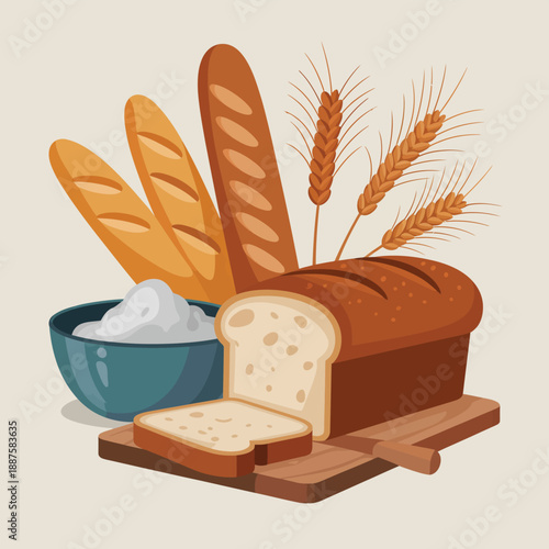 Freshly baked bread and ingredients on wooden board