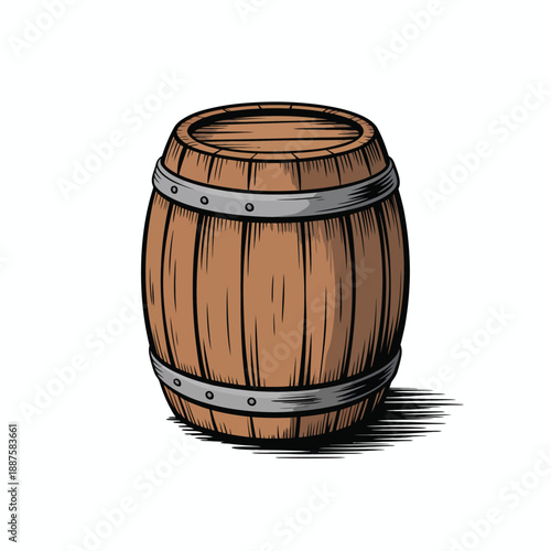A wooden barrel with metal bands on a white background