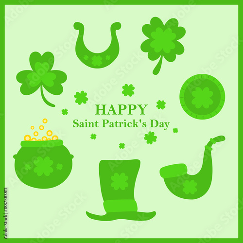 set of green flat element for Saint Patrick's day clover shamrock pot hat coin horseshoe and pipe vector