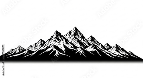 Majestic mountains stand tall in a serene landscape viewed from a distance in a crisp illustration