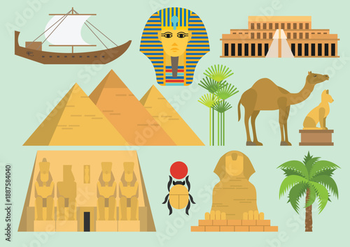 Egypt Landmarks, Ancient Culture and Historical Icons Flat Illustration