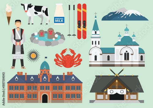 Hokkaido Japan Landmarks, Culture and Traditional Icons Flat Illustration