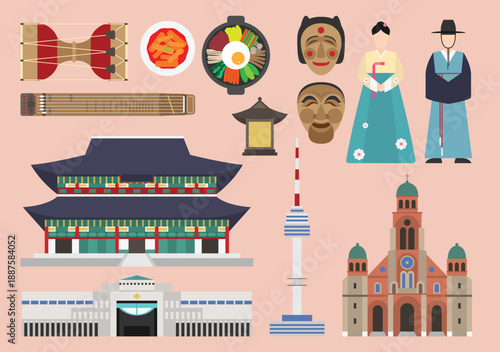 South Korea Landmarks, Culture and Traditional Icons Flat Illustration