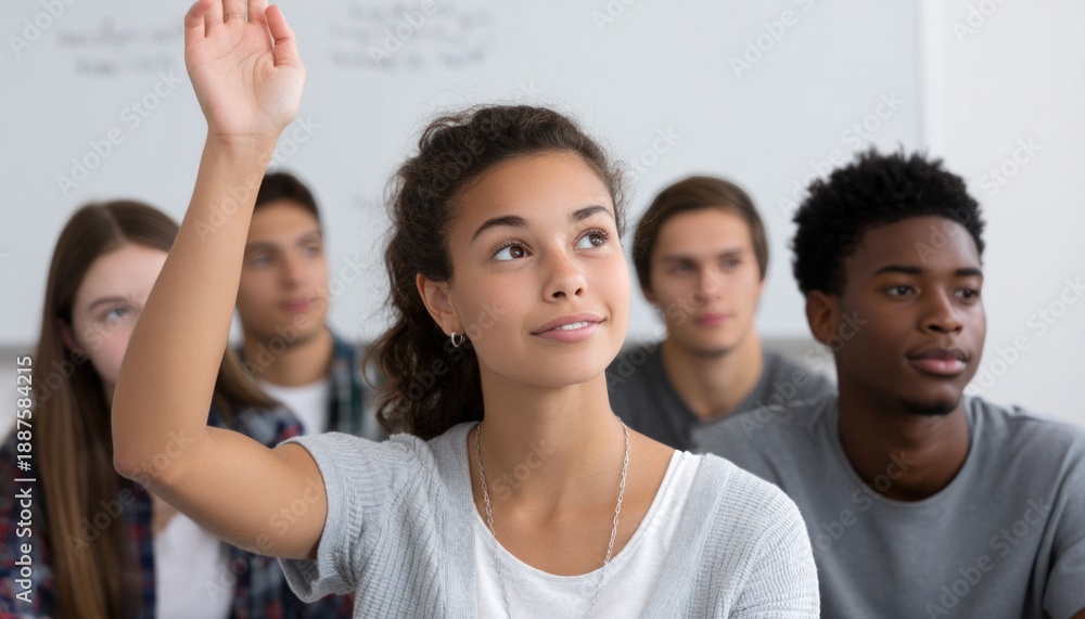 Obraz premium Student raising hand in classroom, engaged in learning with peers, showcasing enthusiasm and participation in educational environment
