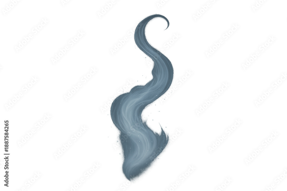 Fototapeta premium Stylized blue-gray wispy smoke plume curling upward like a flowing brush stroke on a transparent background