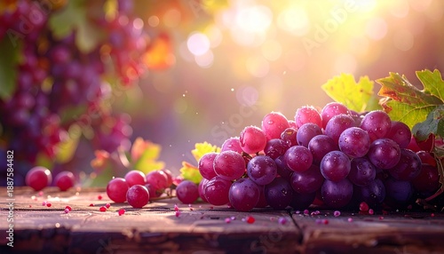 Fresh grapes on a wooden table with sunlight shining through leaves in a vineyard during harvest season