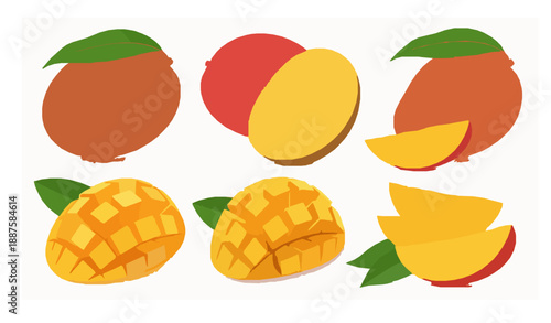 Flat mango tropical fruit vector illustration set isolated on white background