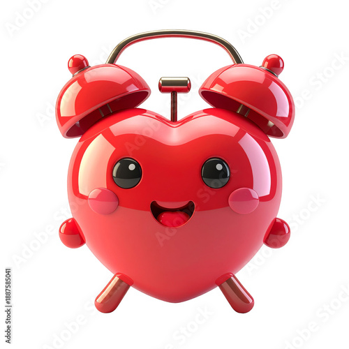 Glossy Red Heart Shaped Alarm Clock with Cheerful Expression Isolated