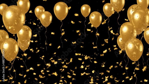 Golden Balloons Floating in the Air With Confetti on a Black Background.