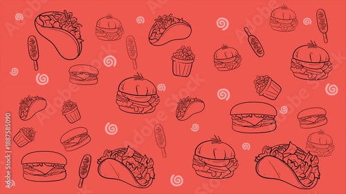 Looping fast food animation with burgers, hot dogs, and snacks in sketch style. Seamless background for restaurant menus, food promos, and digital displays.