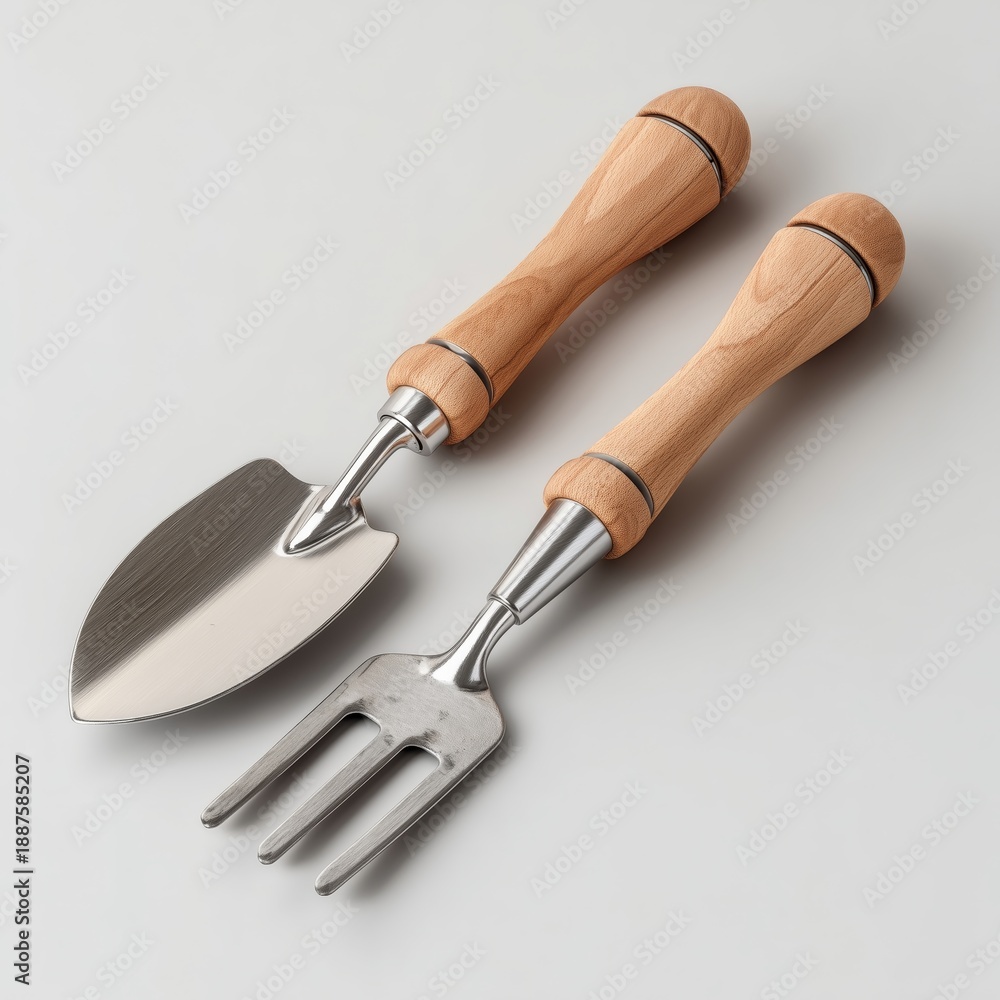 Fototapeta premium Elegant gardening tools with polished metal blades and natural wooden handles, presented on a neutral background for a clean and minimalist look.