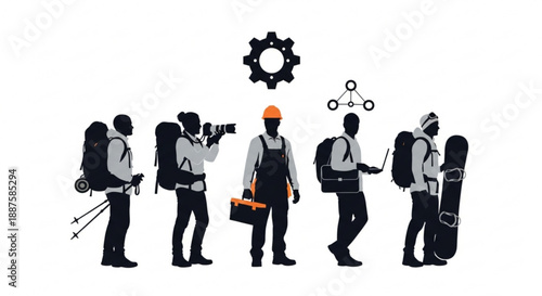 Group of hikers with equipment walking in line, capturing scenery and technology integration in outdoor adventure