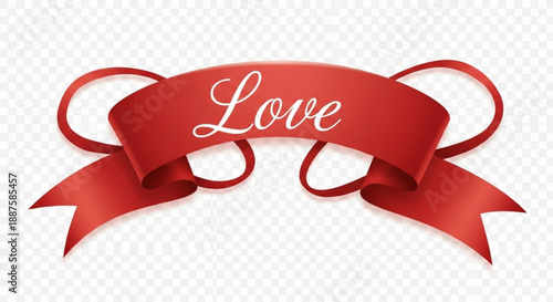 Red ribbon banner with 'love' text on transparent background for valentine's day or romantic occasions