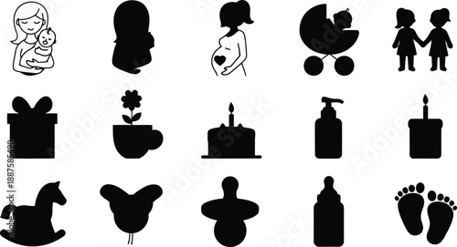 Collection of black silhouettes representing various baby-related icons and symbols displayed together on a clean background