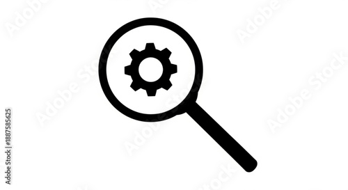A magnifying glass with a gear icon inside, symbolizing analysis and technical inspection of details.