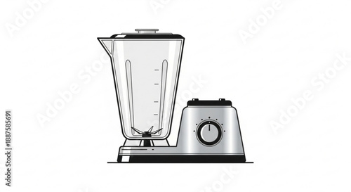 A blender and its jug on a clean white surface viewed from the front