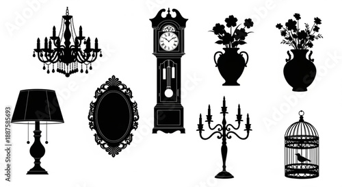 A collection of vintage home decor items including lamp, clock, and vases on a decorative display