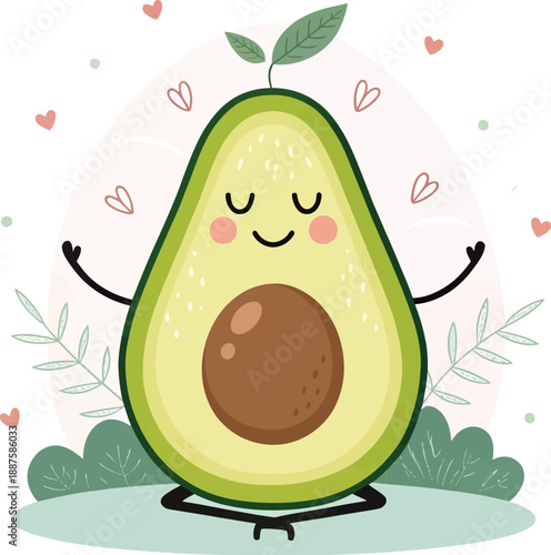 Smiling cartoon avocado with leaves, healthy food character, fun illustration
