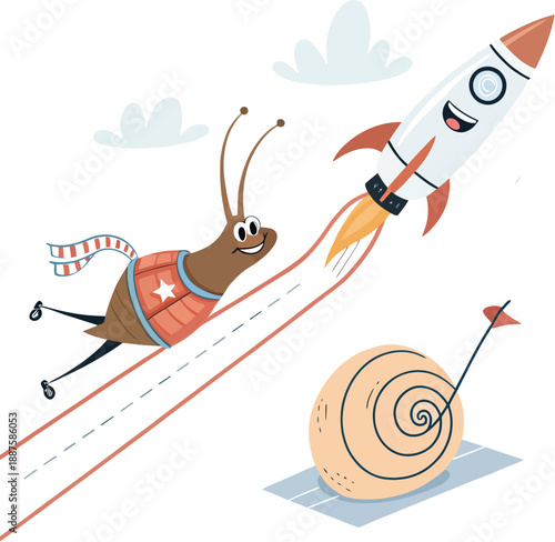 Cartoon ant astronaut running on track with rocket, space adventure, funny