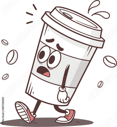 Worried cartoon coffee cup character running, morning rush, caffeine concept