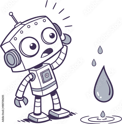 Cartoon robot character with water leak, mechanical malfunction, funny accident
