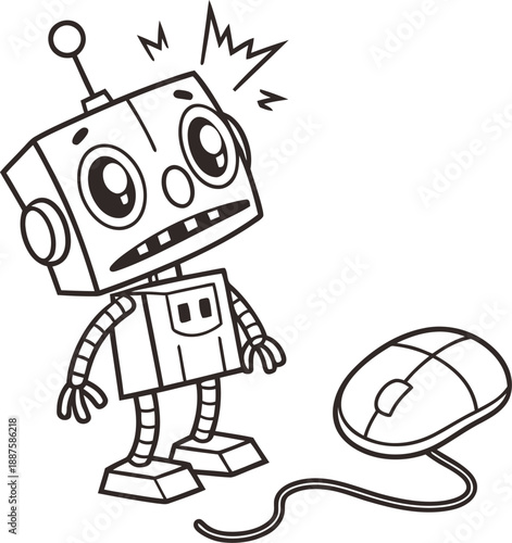 Cartoon robot is shocked by a computer mouse, funny technology concept