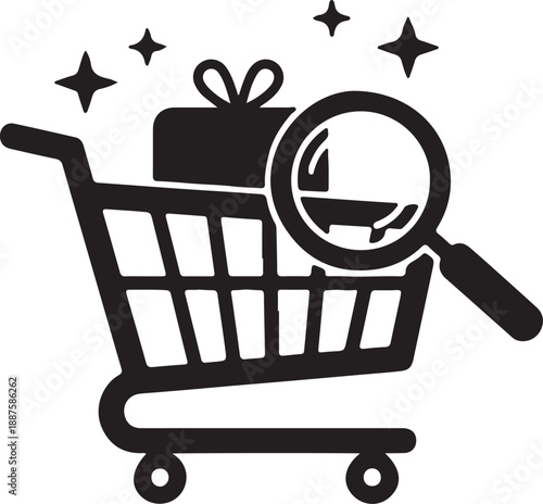 Store shopping cart gift box money calculator credit card magnifying glass laptop basket