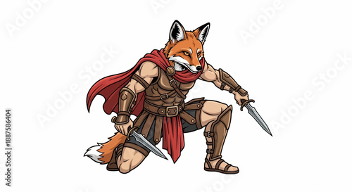Anthropomorphic fox warrior in ancient Roman-style armor holding two daggers, ready for battle.