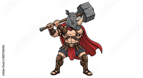 A powerful anthropomorphic rhinoceros warrior character with a red cape and leather armor, wielding a large hammer over its shoulder, ready for battle.