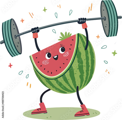 Happy cartoon watermelon lifting weights with determined expression, fitness concept