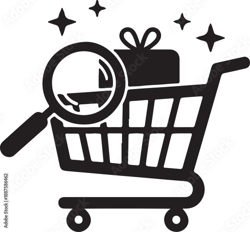 Store shopping cart gift box money calculator credit card magnifying glass laptop basket